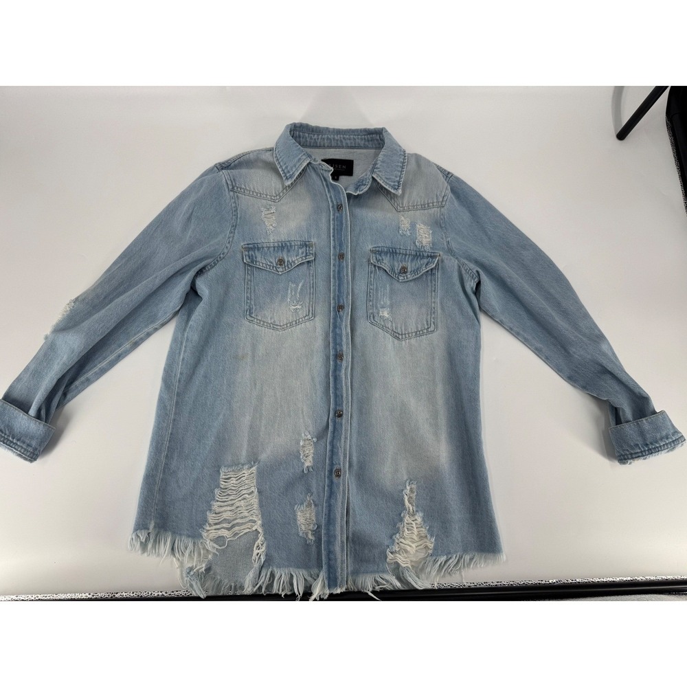 Risen Denim Distressed Button Down Shirt Light Wash Oversized Size S